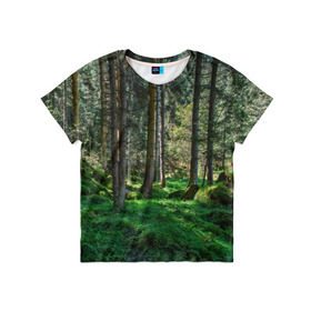 Детская футболка 3D с принтом Темный лес в Курске, 100% гипоаллергенный полиэфир | прямой крой, круглый вырез горловины, длина до линии бедер, чуть спущенное плечо, ткань немного тянется | бор | деревья | ель | ельник | заповедник | камни | красивый | лес | лето | мох | мрачный | прекрасный | природа | флора | чудесный