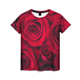 Женская футболка 3D с принтом Красные розы в Курске, 100% полиэфир ( синтетическое хлопкоподобное полотно) | прямой крой, круглый вырез горловины, длина до линии бедер | 8 марта | букет | весна | дары флоры | женщине | красные | лепестки | лето | любовь | отношения | подарок | розы | романтика | флора | цветок | цветы