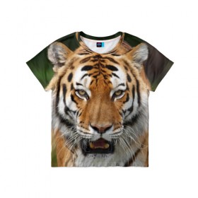 Детская футболка 3D с принтом Тигр в Курске, 100% гипоаллергенный полиэфир | прямой крой, круглый вырез горловины, длина до линии бедер, чуть спущенное плечо, ткань немного тянется | дикая кошка | клыки | кошка | пасть | сафари | тигр | хищник