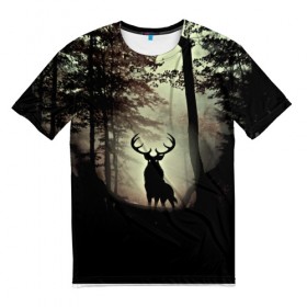 Мужская футболка 3D с принтом Олень в Курске, 100% полиэфир | прямой крой, круглый вырез горловины, длина до линии бедер | деревья | императорский красный олень | лес | олень | природа | рога