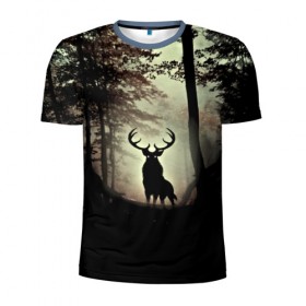 Мужская футболка 3D спортивная с принтом Олень в Курске, 100% полиэстер с улучшенными характеристиками | приталенный силуэт, круглая горловина, широкие плечи, сужается к линии бедра | деревья | императорский красный олень | лес | олень | природа | рога