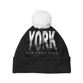 Шапка 3D c помпоном с принтом Нью-Йорк в Курске, 100% полиэстер | универсальный размер, печать по всей поверхности изделия | america | capital | city | lights | new york | night | skyscrapers | tourism | usa | америка | город | ночь | нью йорк | огни | столица | сша | туризм
