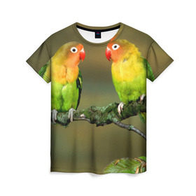 Женская футболка 3D с принтом Попугаи в Курске, 100% полиэфир ( синтетическое хлопкоподобное полотно) | прямой крой, круглый вырез горловины, длина до линии бедер | двое | классный | клюв | красивый | крылья | попугай | попугайчик | птица | птичка | радужный