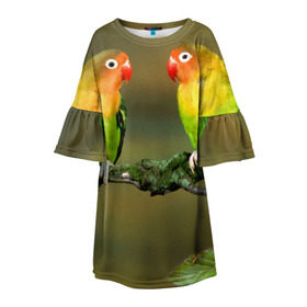 Детское платье 3D с принтом Попугаи в Курске, 100% полиэстер | прямой силуэт, чуть расширенный к низу. Круглая горловина, на рукавах — воланы | Тематика изображения на принте: двое | классный | клюв | красивый | крылья | попугай | попугайчик | птица | птичка | радужный