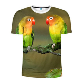 Мужская футболка 3D спортивная с принтом Попугаи в Курске, 100% полиэстер с улучшенными характеристиками | приталенный силуэт, круглая горловина, широкие плечи, сужается к линии бедра | двое | классный | клюв | красивый | крылья | попугай | попугайчик | птица | птичка | радужный