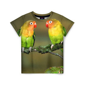 Детская футболка 3D с принтом Попугаи в Курске, 100% гипоаллергенный полиэфир | прямой крой, круглый вырез горловины, длина до линии бедер, чуть спущенное плечо, ткань немного тянется | двое | классный | клюв | красивый | крылья | попугай | попугайчик | птица | птичка | радужный