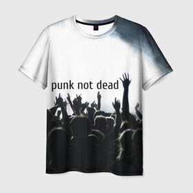 Мужская футболка 3D с принтом Punk not dead в Курске, 100% полиэфир | прямой крой, круглый вырез горловины, длина до линии бедер | punk not dead | бит | группа | драйв | дым | зал | концерт | музыка | надпись | панк | панк не умрет | панки | рок | слова | танцы | туман | тусовка | фраза | хой