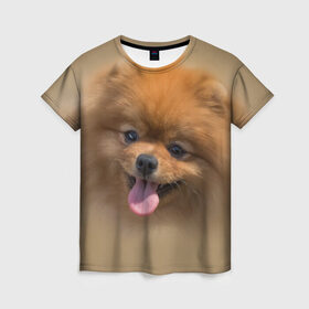 Женская футболка 3D с принтом Шпиц в Курске, 100% полиэфир ( синтетическое хлопкоподобное полотно) | прямой крой, круглый вырез горловины, длина до линии бедер | shpic | животные | мордочка | пёс | рыжий | собака | собачка | язык