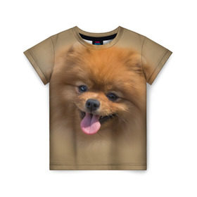 Детская футболка 3D с принтом Шпиц в Курске, 100% гипоаллергенный полиэфир | прямой крой, круглый вырез горловины, длина до линии бедер, чуть спущенное плечо, ткань немного тянется | shpic | животные | мордочка | пёс | рыжий | собака | собачка | язык