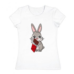 Женская футболка хлопок с принтом Любитель шоколада в Курске, 100% хлопок | прямой крой, круглый вырез горловины, длина до линии бедер, слегка спущенное плечо | животные | заяц | кролик | пасха | шоколад | юмор