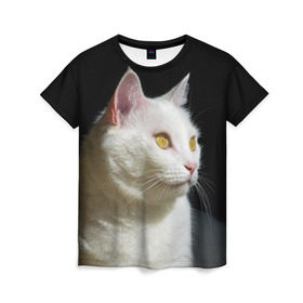 Женская футболка 3D с принтом Белая и пушистая в Курске, 100% полиэфир ( синтетическое хлопкоподобное полотно) | прямой крой, круглый вырез горловины, длина до линии бедер | белый | взгляд | глаза | киска | кот | котёнок | кошка | пушистый