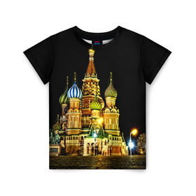 Детская футболка 3D с принтом Москва в Курске, 100% гипоаллергенный полиэфир | прямой крой, круглый вырез горловины, длина до линии бедер, чуть спущенное плечо, ткань немного тянется | Тематика изображения на принте: kremlin | moscow | russia | город | кремль | москва | ночь | огни | река