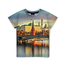 Детская футболка 3D с принтом Москва река в Курске, 100% гипоаллергенный полиэфир | прямой крой, круглый вырез горловины, длина до линии бедер, чуть спущенное плечо, ткань немного тянется | kremlin | moscow | russia | город | кремль | москва | ночь | огни | река