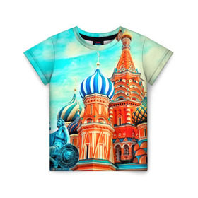 Детская футболка 3D с принтом Moscow Russia в Курске, 100% гипоаллергенный полиэфир | прямой крой, круглый вырез горловины, длина до линии бедер, чуть спущенное плечо, ткань немного тянется | Тематика изображения на принте: kremlin | moscow | russia | город | кремль | москва | ночь | огни | река