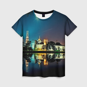 Женская футболка 3D с принтом Ночная Москва в Курске, 100% полиэфир ( синтетическое хлопкоподобное полотно) | прямой крой, круглый вырез горловины, длина до линии бедер | kremlin | moscow | russia | город | кремль | москва | ночной город | ночь | огни | река