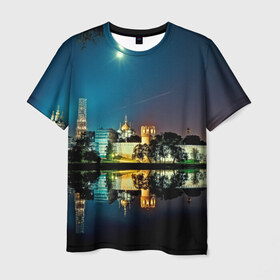 Мужская футболка 3D с принтом Ночная Москва в Курске, 100% полиэфир | прямой крой, круглый вырез горловины, длина до линии бедер | Тематика изображения на принте: kremlin | moscow | russia | город | кремль | москва | ночной город | ночь | огни | река
