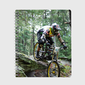 Тетрадь с принтом Велоспорт гонка в Курске, 100% бумага | 48 листов, плотность листов — 60 г/м2, плотность картонной обложки — 250 г/м2. Листы скреплены сбоку удобной пружинной спиралью. Уголки страниц и обложки скругленные. Цвет линий — светло-серый
 | Тематика изображения на принте: велик | велосипед | гонка | горы | деревья | железный конь | колесо | лес | лисапед | природа | ровер | спорт | спортсмен | стальной конь | тандем | трицикл | шлем