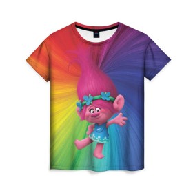Женская футболка 3D с принтом Розочка тролли в Курске, 100% полиэфир ( синтетическое хлопкоподобное полотно) | прямой крой, круглый вырез горловины, длина до линии бедер | trolls | детям | мультик | мультики | мультфильм | мультфильмы | радуга | разноцветные | разные цвета | розочка | тролли | тролль | цветные