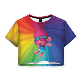 Женская футболка 3D укороченная с принтом Розочка тролли в Курске, 100% полиэстер | круглая горловина, длина футболки до линии талии, рукава с отворотами | trolls | детям | мультик | мультики | мультфильм | мультфильмы | радуга | разноцветные | разные цвета | розочка | тролли | тролль | цветные