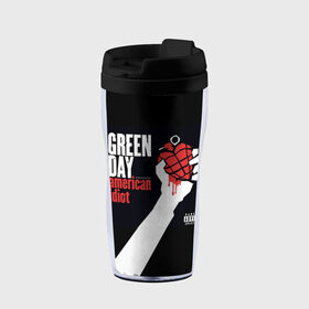 Термокружка-непроливайка с принтом Green Day 3 в Курске, внутренняя часть — пищевой пластик, наружная часть — прозрачный пластик, между ними — полиграфическая вставка с рисунком | объем — 350 мл, герметичная крышка | american idiot | green day | грин дей | грин дэй