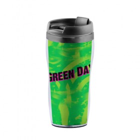 Термокружка-непроливайка с принтом Green Day 1 в Курске, внутренняя часть — пищевой пластик, наружная часть — прозрачный пластик, между ними — полиграфическая вставка с рисунком | объем — 350 мл, герметичная крышка | american idiot | green day | грин дей | грин дэй