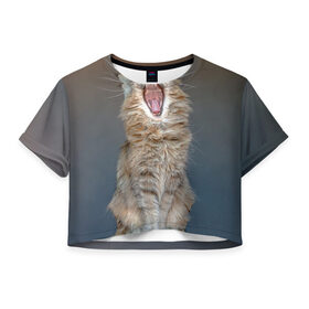 Женская футболка 3D укороченная с принтом Мартовский кот в Курске, 100% полиэстер | круглая горловина, длина футболки до линии талии, рукава с отворотами | Тематика изображения на принте: кот | кошка | март | пасть | усы