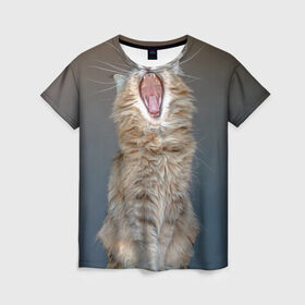 Женская футболка 3D с принтом Мартовский кот в Курске, 100% полиэфир ( синтетическое хлопкоподобное полотно) | прямой крой, круглый вырез горловины, длина до линии бедер | кот | кошка | март | пасть | усы