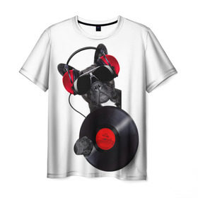 Мужская футболка 3D с принтом собака-меломан в Курске, 100% полиэфир | прямой крой, круглый вырез горловины, длина до линии бедер | бульдог | красный | музыка | наушники | очки | пластинка | собака | черный