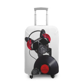 Чехол для чемодана 3D с принтом собака-меломан в Курске, 86% полиэфир, 14% спандекс | двустороннее нанесение принта, прорези для ручек и колес | бульдог | красный | музыка | наушники | очки | пластинка | собака | черный
