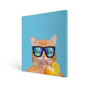 Холст квадратный с принтом котэ на отдыхе в Курске, 100% ПВХ |  | кот | котик | лето | море | отдых | очки | пальмы | пляж | рыжий кот | солнце