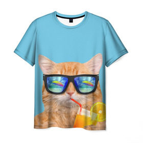 Мужская футболка 3D с принтом котэ на отдыхе в Курске, 100% полиэфир | прямой крой, круглый вырез горловины, длина до линии бедер | кот | котик | лето | море | отдых | очки | пальмы | пляж | рыжий кот | солнце