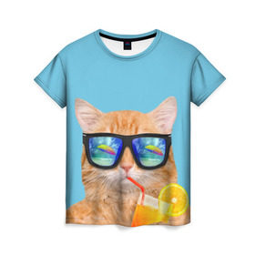 Женская футболка 3D с принтом котэ на отдыхе в Курске, 100% полиэфир ( синтетическое хлопкоподобное полотно) | прямой крой, круглый вырез горловины, длина до линии бедер | кот | котик | лето | море | отдых | очки | пальмы | пляж | рыжий кот | солнце