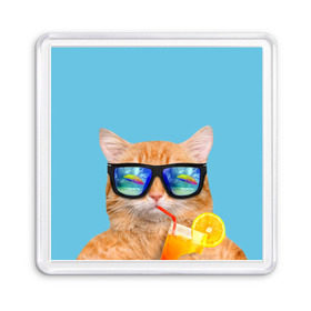 Магнит 55*55 с принтом котэ на отдыхе в Курске, Пластик | Размер: 65*65 мм; Размер печати: 55*55 мм | кот | котик | лето | море | отдых | очки | пальмы | пляж | рыжий кот | солнце