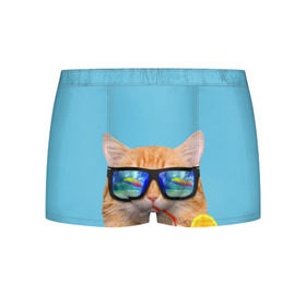 Мужские трусы 3D с принтом котэ на отдыхе в Курске, 50% хлопок, 50% полиэстер | классическая посадка, на поясе мягкая тканевая резинка | Тематика изображения на принте: кот | котик | лето | море | отдых | очки | пальмы | пляж | рыжий кот | солнце