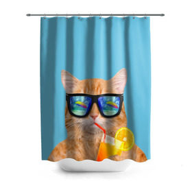 Штора 3D для ванной с принтом котэ на отдыхе в Курске, 100% полиэстер | плотность материала — 100 г/м2. Стандартный размер — 146 см х 180 см. По верхнему краю — пластиковые люверсы для креплений. В комплекте 10 пластиковых колец | кот | котик | лето | море | отдых | очки | пальмы | пляж | рыжий кот | солнце