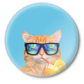 Значок с принтом котэ на отдыхе в Курске,  металл | круглая форма, металлическая застежка в виде булавки | кот | котик | лето | море | отдых | очки | пальмы | пляж | рыжий кот | солнце