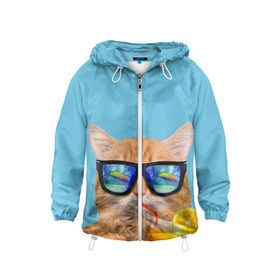 Детская ветровка 3D с принтом котэ на отдыхе в Курске, 100% полиэстер | подол и капюшон оформлены резинкой с фиксаторами, по бокам два кармана без застежек, один потайной карман на груди | кот | котик | лето | море | отдых | очки | пальмы | пляж | рыжий кот | солнце