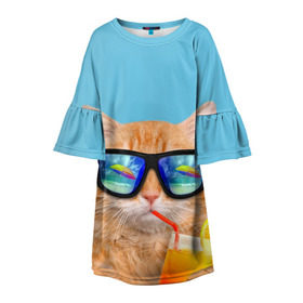 Детское платье 3D с принтом котэ на отдыхе в Курске, 100% полиэстер | прямой силуэт, чуть расширенный к низу. Круглая горловина, на рукавах — воланы | Тематика изображения на принте: кот | котик | лето | море | отдых | очки | пальмы | пляж | рыжий кот | солнце