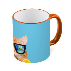 Кружка 3D с принтом котэ на отдыхе в Курске, керамика | ёмкость 330 мл | Тематика изображения на принте: кот | котик | лето | море | отдых | очки | пальмы | пляж | рыжий кот | солнце