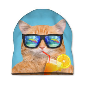 Шапка 3D с принтом котэ на отдыхе в Курске, 100% полиэстер | универсальный размер, печать по всей поверхности изделия | кот | котик | лето | море | отдых | очки | пальмы | пляж | рыжий кот | солнце