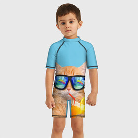 Детский купальный костюм 3D с принтом котэ на отдыхе в Курске, Полиэстер 85%, Спандекс 15% | застежка на молнии на спине | кот | котик | лето | море | отдых | очки | пальмы | пляж | рыжий кот | солнце