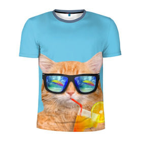 Мужская футболка 3D спортивная с принтом котэ на отдыхе в Курске, 100% полиэстер с улучшенными характеристиками | приталенный силуэт, круглая горловина, широкие плечи, сужается к линии бедра | кот | котик | лето | море | отдых | очки | пальмы | пляж | рыжий кот | солнце