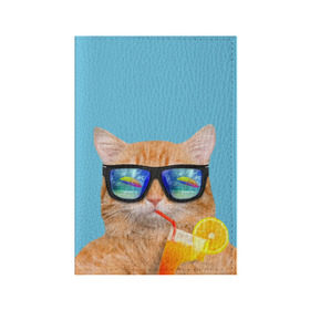 Обложка для паспорта матовая кожа с принтом котэ на отдыхе в Курске, натуральная матовая кожа | размер 19,3 х 13,7 см; прозрачные пластиковые крепления | кот | котик | лето | море | отдых | очки | пальмы | пляж | рыжий кот | солнце