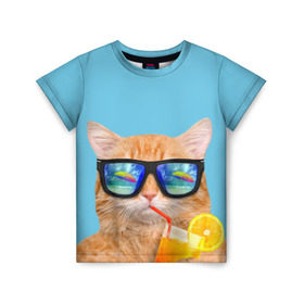 Детская футболка 3D с принтом котэ на отдыхе в Курске, 100% гипоаллергенный полиэфир | прямой крой, круглый вырез горловины, длина до линии бедер, чуть спущенное плечо, ткань немного тянется | Тематика изображения на принте: кот | котик | лето | море | отдых | очки | пальмы | пляж | рыжий кот | солнце
