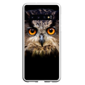 Чехол для Samsung Galaxy S10 с принтом Хищный взор в Курске, Силикон | Область печати: задняя сторона чехла, без боковых панелей | Тематика изображения на принте: взгляд | глаза | клюв | пернатые | перья | птица | сова | филин | хищник