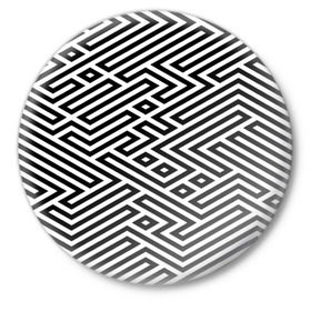 Значок с принтом optical illusion в Курске,  металл | круглая форма, металлическая застежка в виде булавки | геометрия | оптическая иллюзия | черно белый