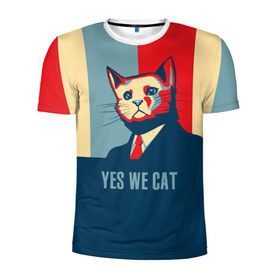 Мужская футболка 3D спортивная с принтом Yes we CAT в Курске, 100% полиэстер с улучшенными характеристиками | приталенный силуэт, круглая горловина, широкие плечи, сужается к линии бедра | Тематика изображения на принте: cat | kitty | животные | киса | кот | котенок | котэ | кошка