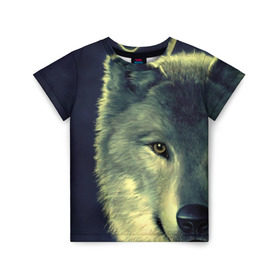 Детская футболка 3D с принтом Серый волк в Курске, 100% гипоаллергенный полиэфир | прямой крой, круглый вырез горловины, длина до линии бедер, чуть спущенное плечо, ткань немного тянется | аука | бирюк | волк | волчара | волчица | волчок | глаза | животное | животные | зверь | зеленые | койот | млекопитающее | нос | санитар леса | серый | уши | фауна | фон | хищник | черный | шакал | шерсть