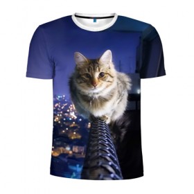 Мужская футболка 3D спортивная с принтом Киса на балконе в Курске, 100% полиэстер с улучшенными характеристиками | приталенный силуэт, круглая горловина, широкие плечи, сужается к линии бедра | cat | kitty | животные | киса | кот | котенок | котэ | кошка