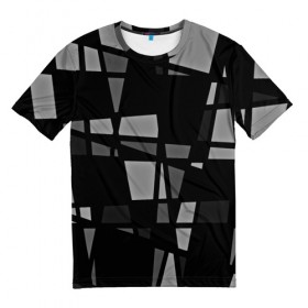Мужская футболка 3D с принтом Geometry figure в Курске, 100% полиэфир | прямой крой, круглый вырез горловины, длина до линии бедер | бумага | геометрия | грани | изгиб | линии | полигоны | полосы | постель | серый | сочетания | текстура | треугольники | черный
